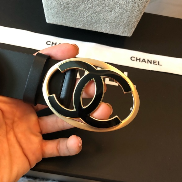 Chanel Black Leather CC Two Tone Logo Belt 85 - Picture 2 of 7